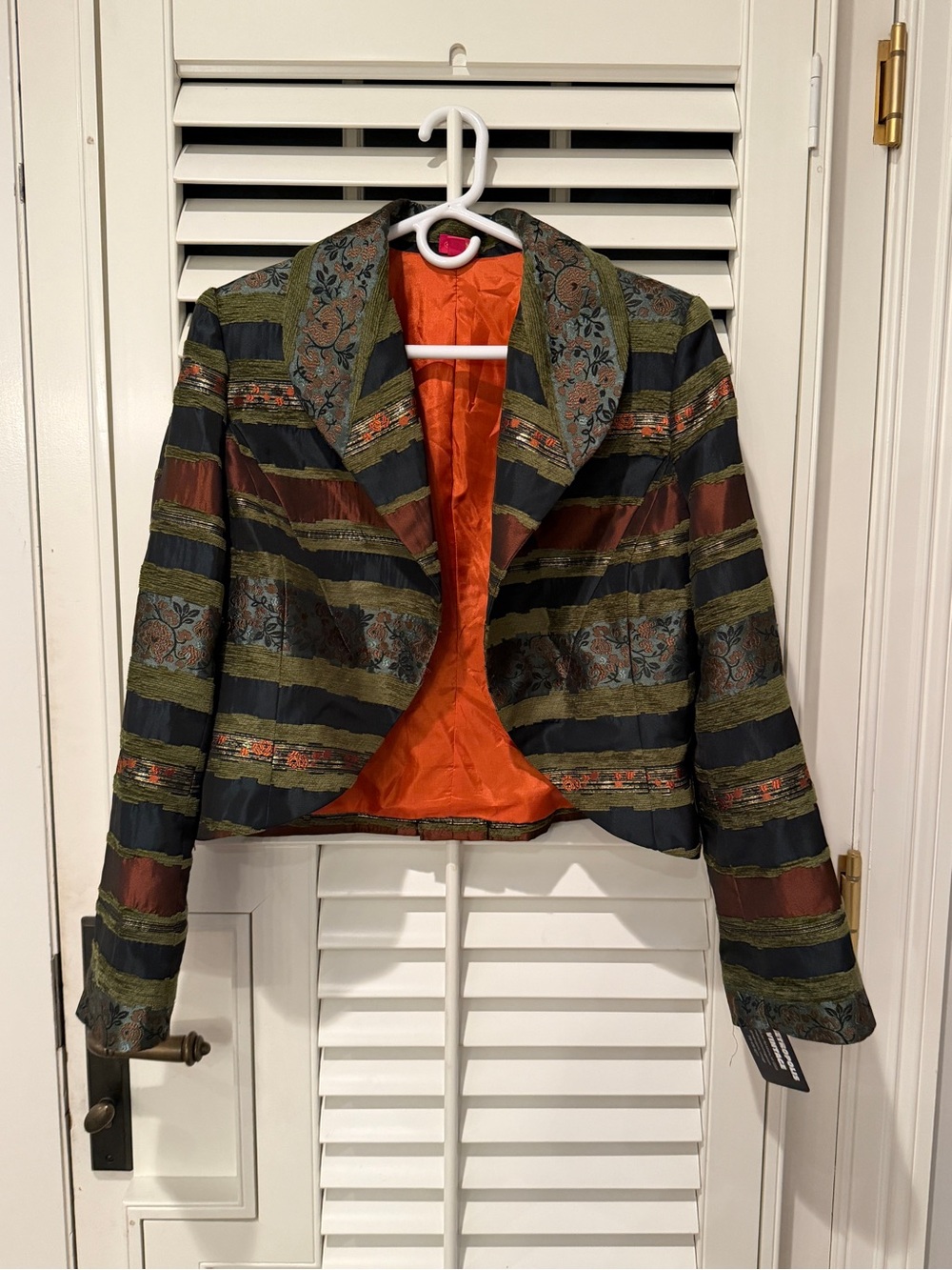 Cropped Striped Jacquard Blazer in Olive Green and Rust